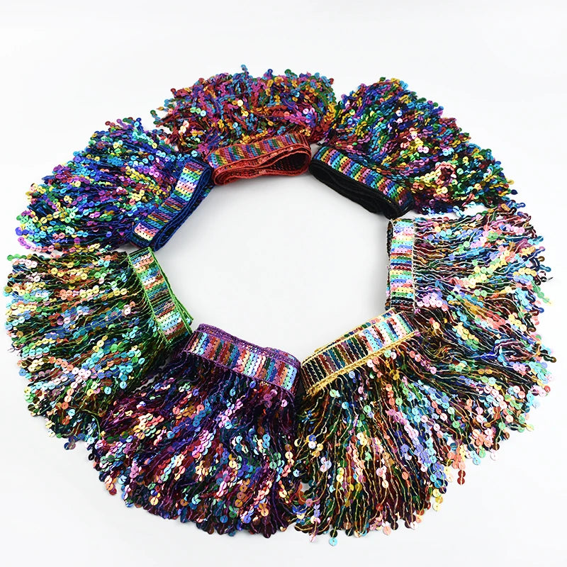 3/100Yards Sequin Fringe Tassel 16cm Latin Stage Clothes Tassels Lace Trim Garment Rainbow Bead Fringes Ribbon Sewing Accessories