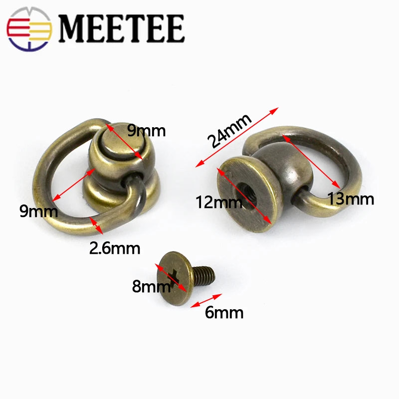 Meetee 10/350pcs 13mm Bag Side Hang Round Head Solid Nail Leather Screw Rivet D Ring Buckles DIY Handbag Repair Accessories
