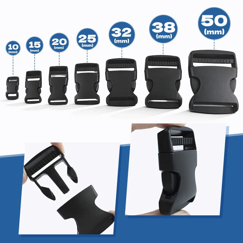 50Pcs Belt Plastic Release Buckles 10-50mm Handbag Strap Side Carabiner Clip Safety Helmet Black Adjuster Snap Hook Accessory
