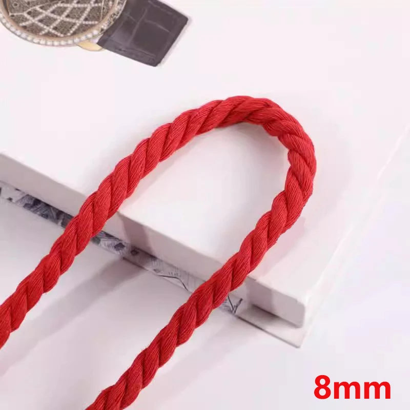 8/200Meter 5/8/12/20mm Red Twisted Cotton Cords for Bag Decoration Macrame Cord Knapsack Belt 3 Shares Braided Rope Sewing Yarn