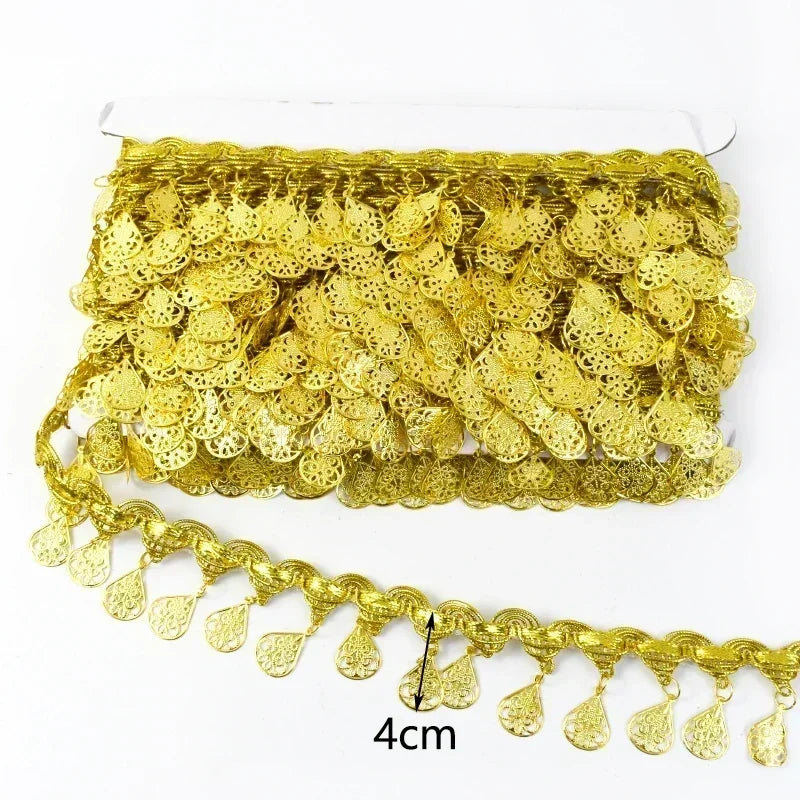 8/200Yards Gold Silver Pendant Lace Sequins Fringe Tassel Ribbon Trim for Stage Party Cosplay Wedding Clothes DIY Sewing Accessory