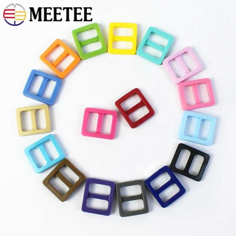 Meetee 100Pcs Colorful 10mm Plastic Slider Tri-Glide Adjustable Buckles Dog Collar Harness Backpack Strap Webbing Bag Parts