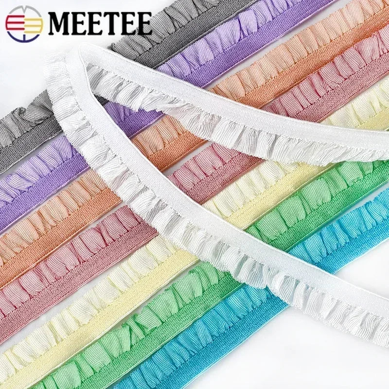 Meetee 20/600meters 10mm Ruffled Elastic Band Pleated Stretch Lace Trim Ribbon Baby Hairband Belt Shoes Tapes Sewing Accessory