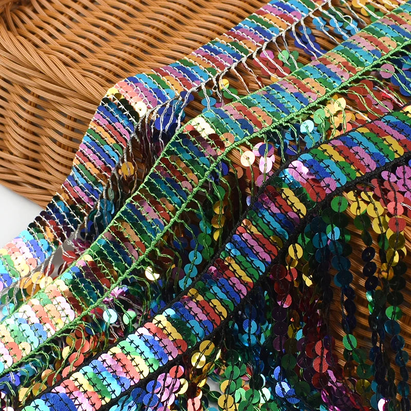 3/100Yards Sequin Fringe Tassel 16cm Latin Stage Clothes Tassels Lace Trim Garment Rainbow Bead Fringes Ribbon Sewing Accessories
