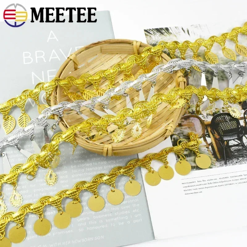 8/200Yards Gold Silver Pendant Lace Sequins Fringe Tassel Ribbon Trim for Stage Party Cosplay Wedding Clothes DIY Sewing Accessory