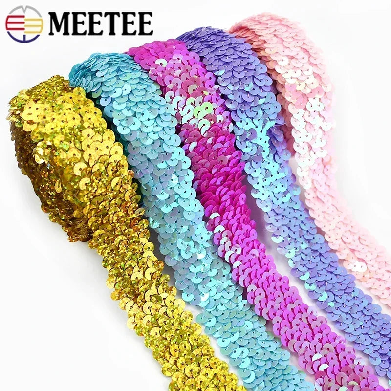 5/150M 30mm Sequins Lace Trim Stretch Ribbon Strap Laces Fabric for Craft Wedding Dress Clothes Elastic Band Sewing Accessories
