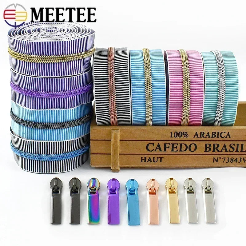 5/20Meters Meetee 5# Striped Nylon Zippers Tape for Sewing Bag Continuous Roll Coil Zip By the Meter DIY Garment Accessories