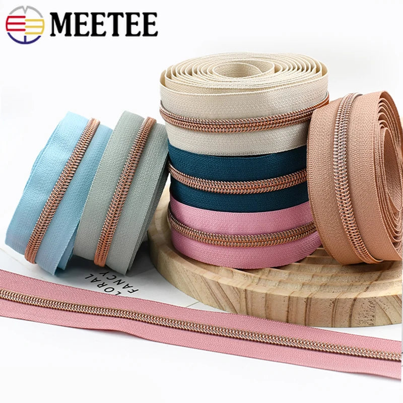 8/200Meters 5# Long Nylon Zipper Tape RoseGold Teeth Zippers Sliders for Bag Garment Repair Zips Kit DIY Sewing Accessories