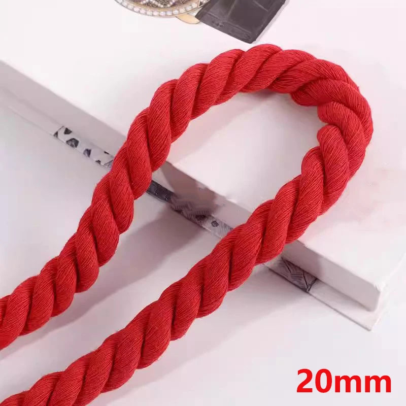 8/200Meter 5/8/12/20mm Red Twisted Cotton Cords for Bag Decoration Macrame Cord Knapsack Belt 3 Shares Braided Rope Sewing Yarn