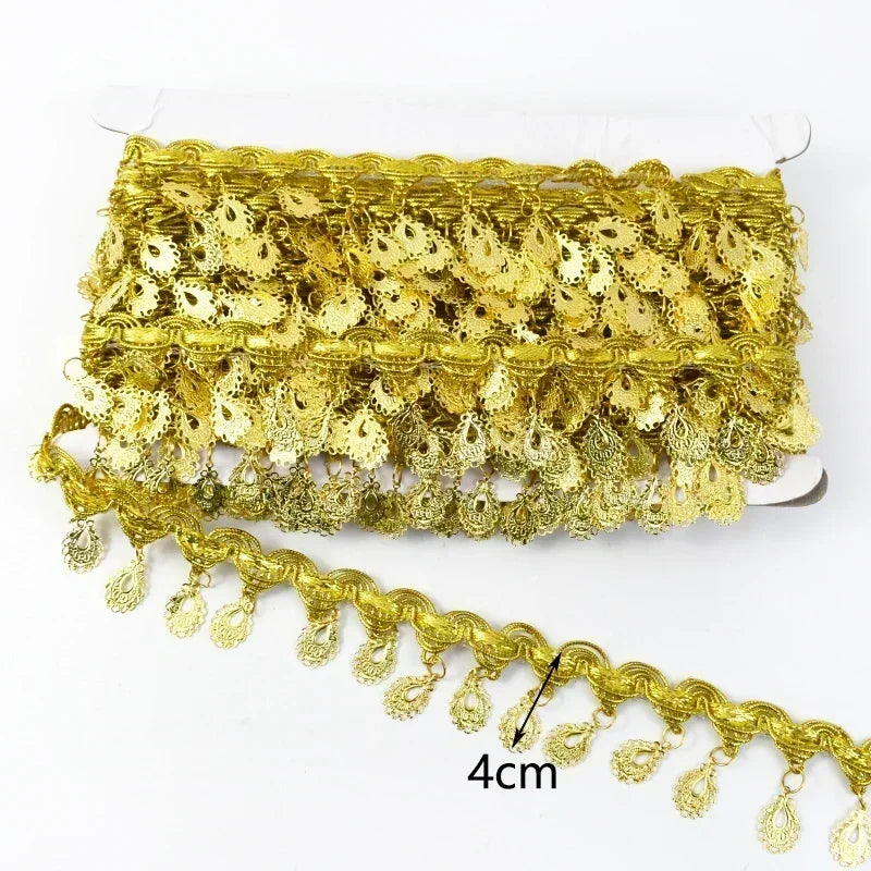 8/200Yards Gold Silver Pendant Lace Sequins Fringe Tassel Ribbon Trim for Stage Party Cosplay Wedding Clothes DIY Sewing Accessory