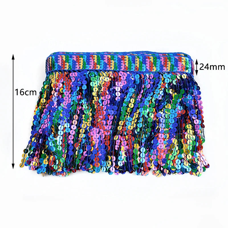 3/100Yards Sequin Fringe Tassel 16cm Latin Stage Clothes Tassels Lace Trim Garment Rainbow Bead Fringes Ribbon Sewing Accessories
