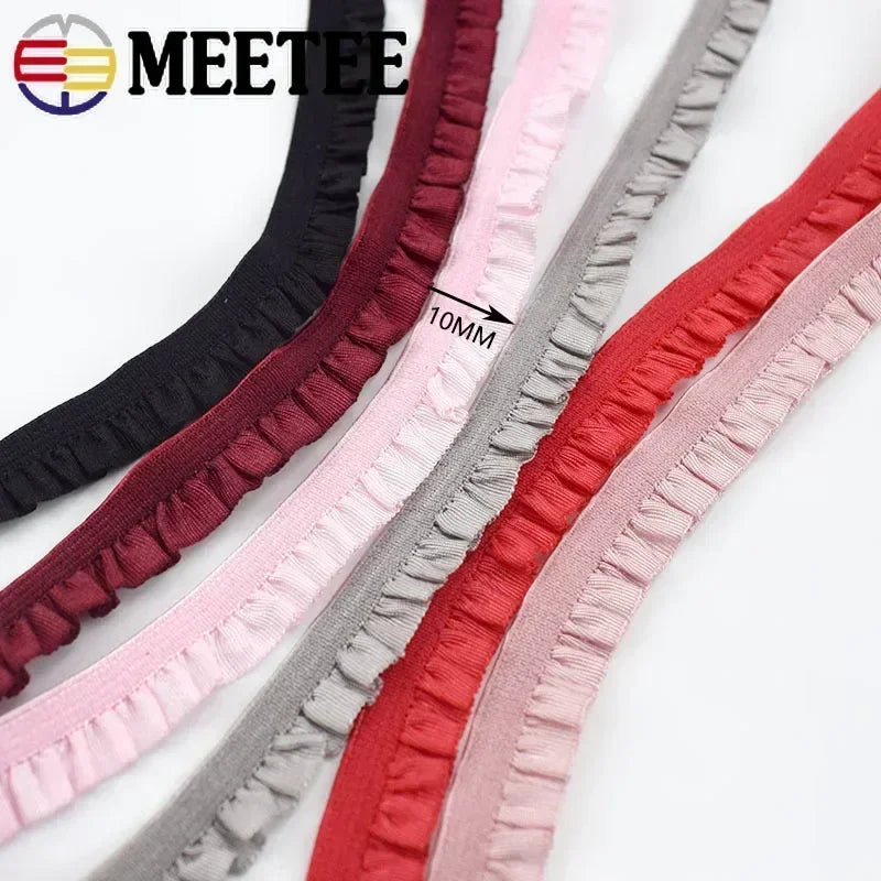 Meetee 20/600meters 10mm Ruffled Elastic Band Pleated Stretch Lace Trim Ribbon Baby Hairband Belt Shoes Tapes Sewing Accessory