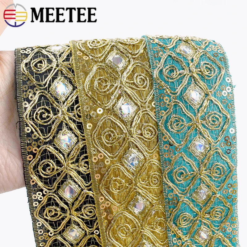 8/200Yards 43mm Ethnic Sequin Embroidery Lace Gold Thread Clothing Decoration Ribbon Dance Dress Band Trim DIY Sewing Accessories